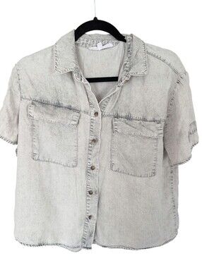Jane & Delancey Acid Wash Cropped Button Up